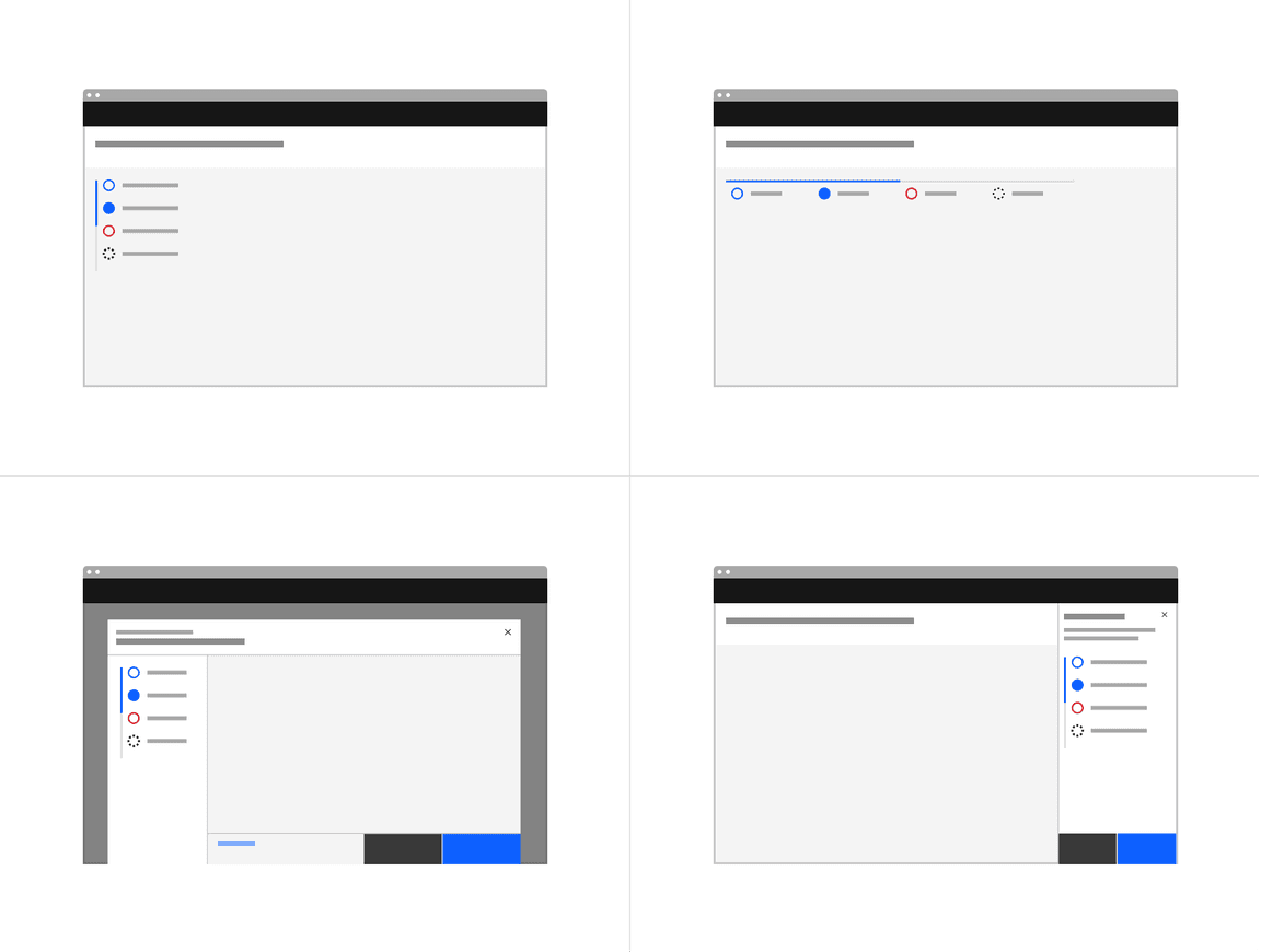 Examples of progress indicators on a full page, tearsheet, and side panel